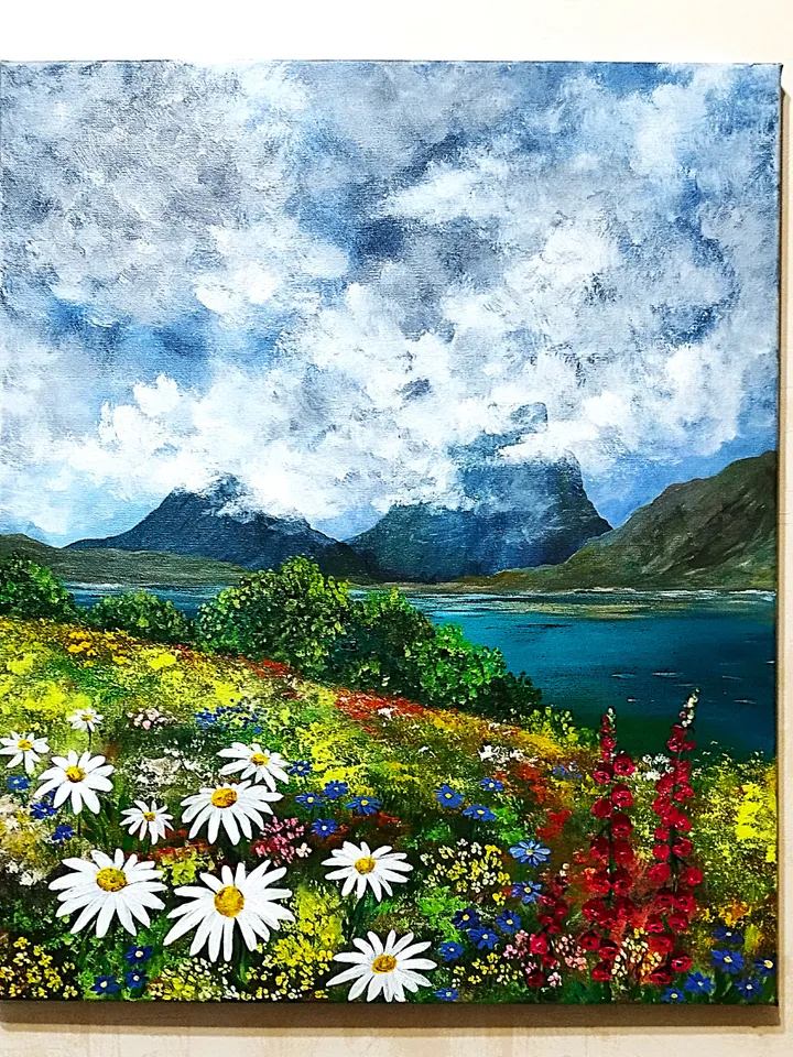 Mountain Landscape Painting Wildflowers Wall Decor Art Impasto
