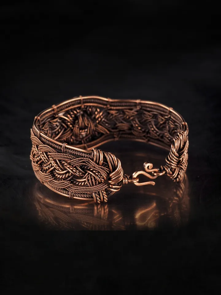 Copper wire wrapped jasper bracelet Unique woven copper wire bangle