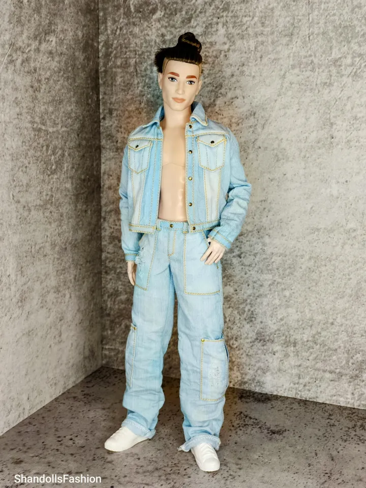 Ken's Distressed Denim Jacket and Cargo Jeans with Large Patch Pockets (Light Blue)