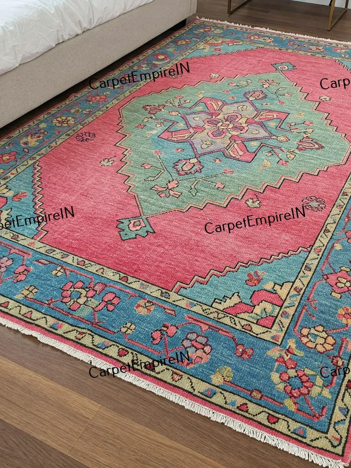 Antique Pink and Blue Oushak Hand Knotted Rug 4x6,5x8 6x9,8x10,9x12,10x14 ft Handmade Rugs for Living Room - Exquisite Contemporary rug.