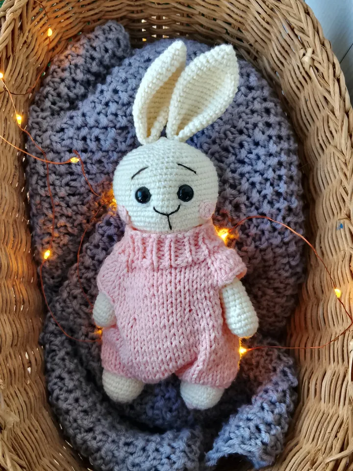 Stuffed bunny toy in pink clothes for nursery gift. Handmade Organic baby toys. Plush toys for baby