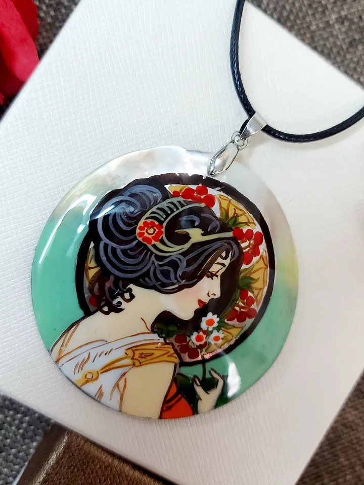 Pearl pendant Necklace: Primrose by Alphonse Mucha painted on mother-of-pearl pendant. Outstanding necklace for Aesthetic girl. Gift for her