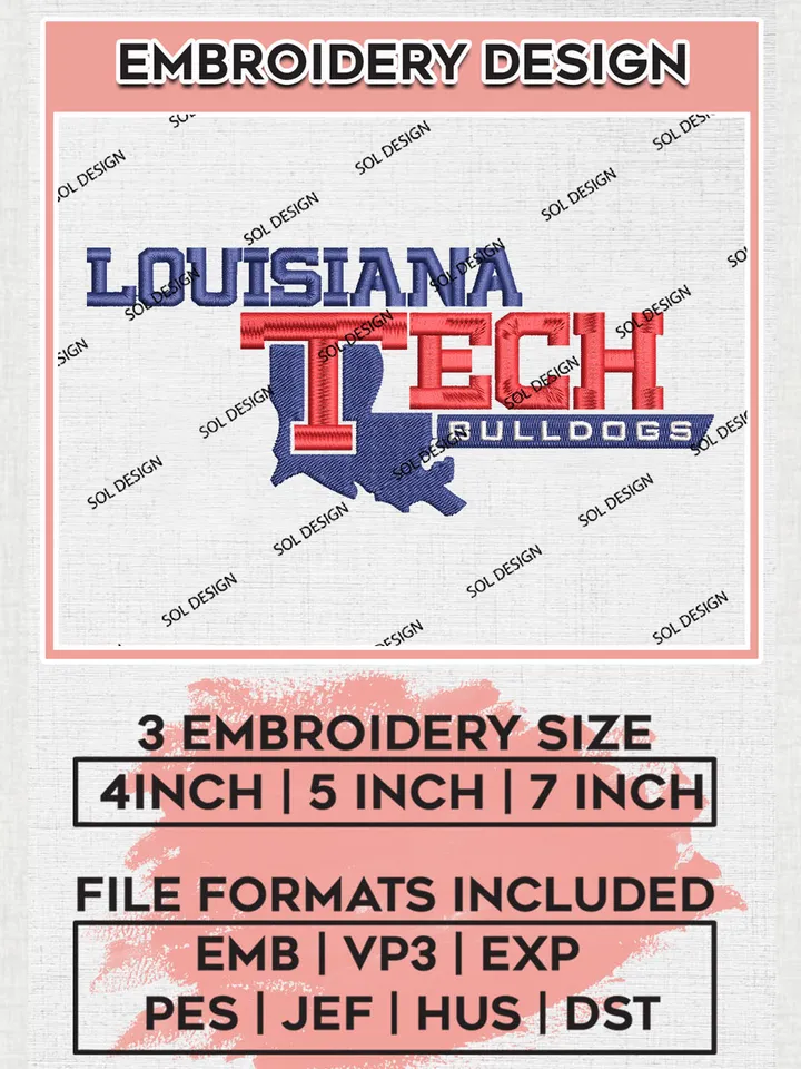 NCAA Louisiana Tech Bulldogs Football Team Word Logo Embroidery Design Files, NCAA Louisiana Tech Bulldogs Machine Embroidery, NCAA Teams, Game Day, 3 sizes, NCAA Machine embroidery designs, Digital Download