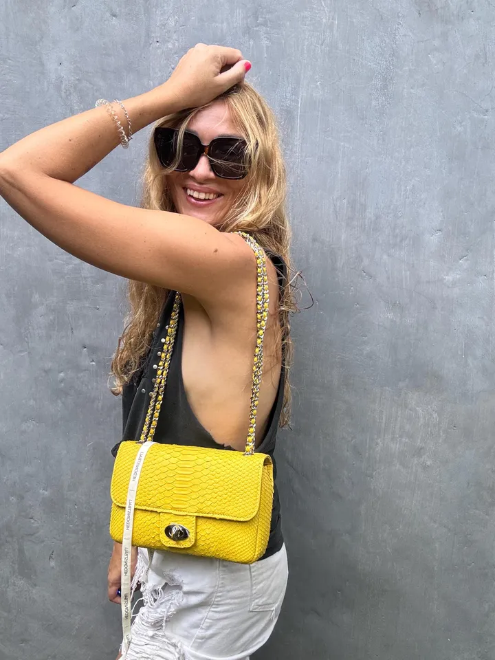 Yellow Genuine Python Skin Crossbody Chain Bag | Bright Summer Bag | Elegant Women Bag | Chain Strap Crossbody Deep classy Purse | gift idea