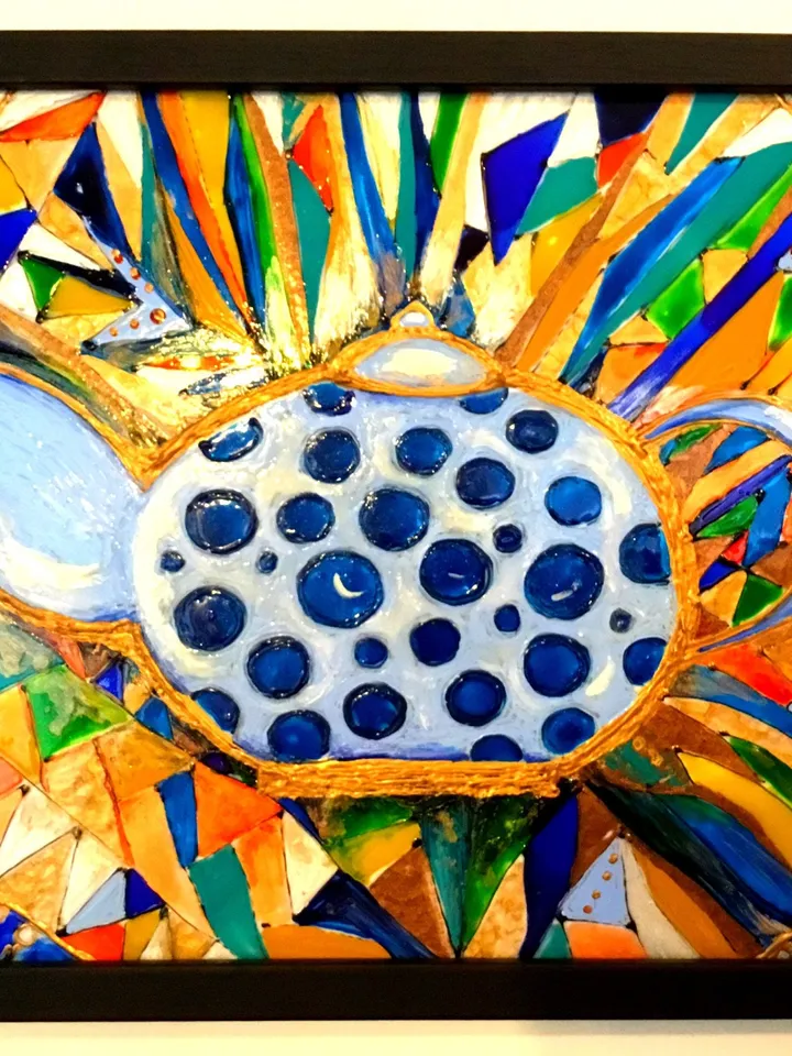 Stained glass painting, teapot on a fantasy background,abstract painting on glass ,kitchen decoration,tabletop or wall hanging,small gift.
