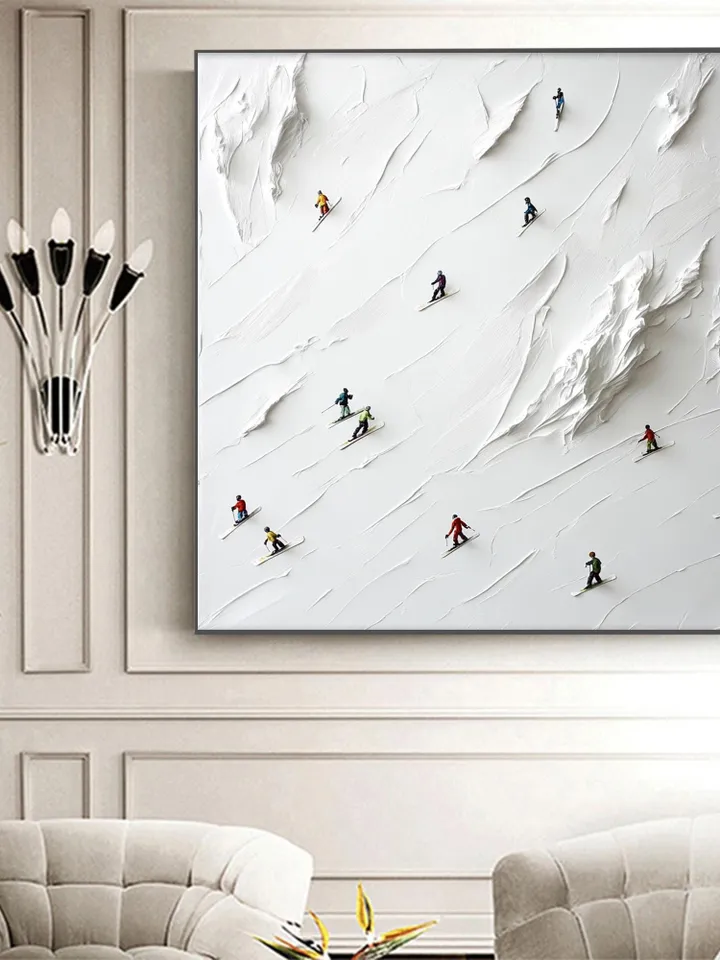 Skiers on the Slopes, 3D Impasto Winter Sports Art, Textured White Mountain Painting, Miniature Skiers Decor, Unique Gift for Ski Lovers