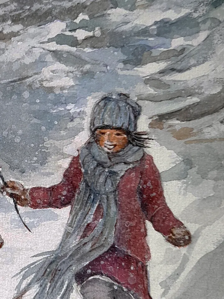 Watercolor painting. Carefree trio of kids. The Winter Fun series 21x30cm (8.3х11,7inches)