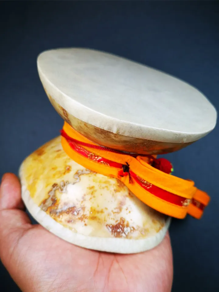 Gandhanra Handmade Tibetan Tantric Buddhist Ritual Implement,Kapala Chod Drum,Kapala Damaru,Religious Ceremonial,5.5" × 4.7" × 3.6"