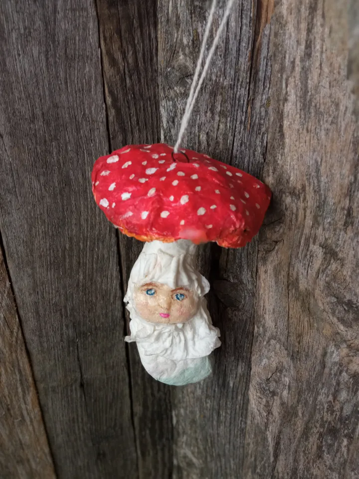 Enchanting Handmade Amanita Mushroom Ornament for Christmas. Tree Xmas toy. Fly agaric. Spun cotton toy