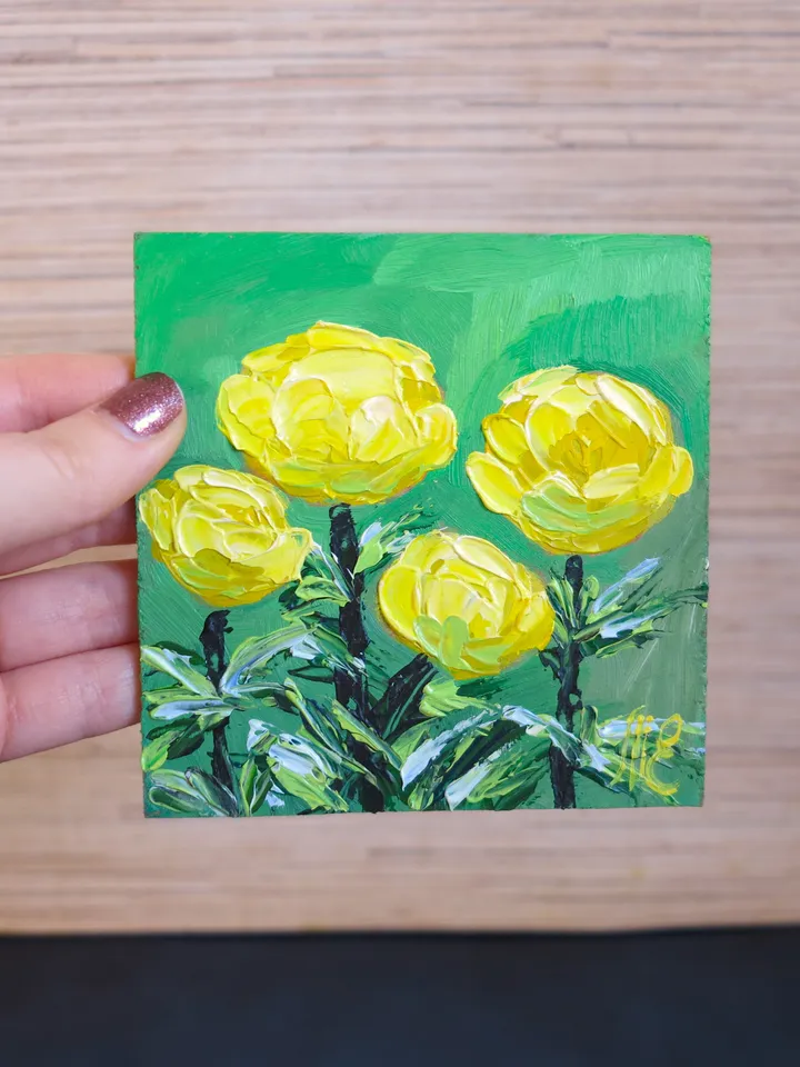 Original Oil Painting Yellow Flowers Impasto Wall Art