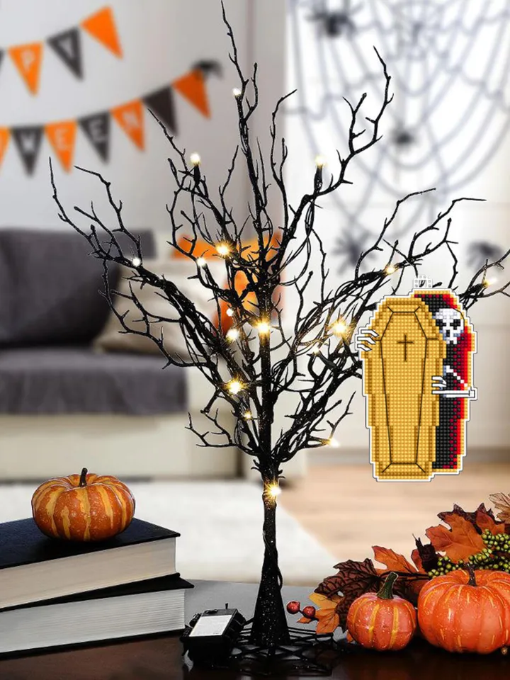 Skeleton in coffin cross stitch pattern PDF download Double-sided Halloween ornament cross stitch plastic canvas, Halloween tree decor #H74