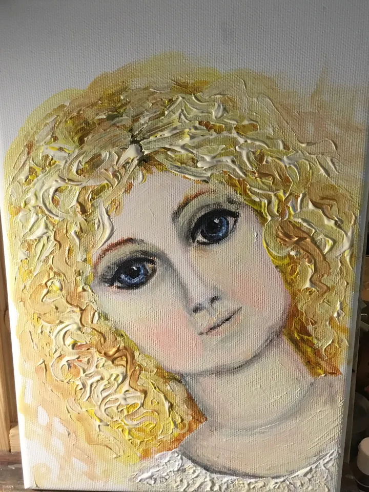 Vintage doll painting,original acrylic painting on stretched 3 d canvas