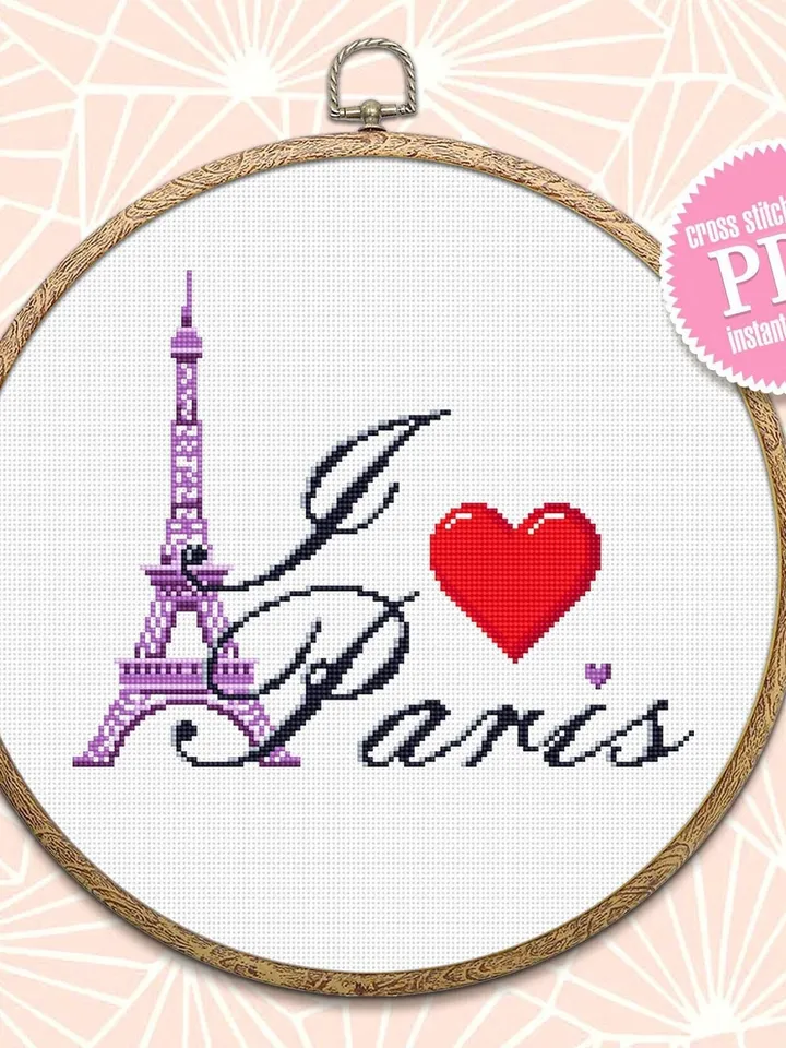 I love Paris cross stitch pattern download PDF Eiffel tower cross stitch chart, Easy beginner embroidery PDF, Paris decor, Heart Paris #E16