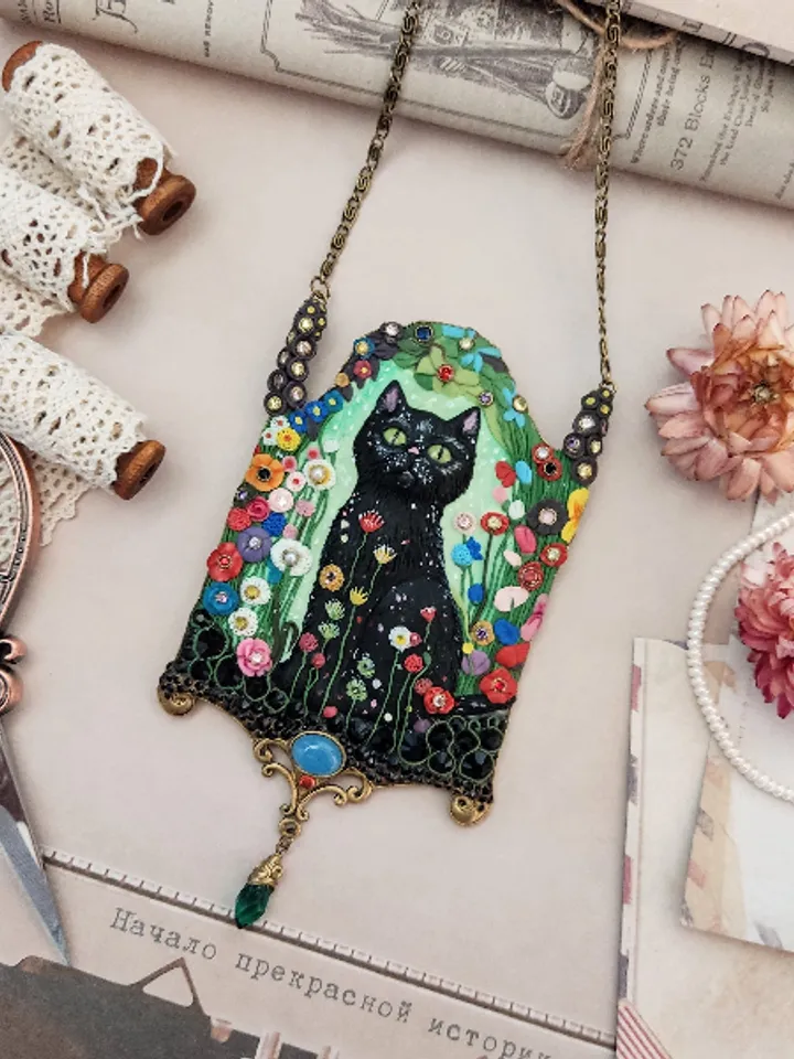 Necklace "Garden cat", cat pendant, necklace with stones, unusual necklace