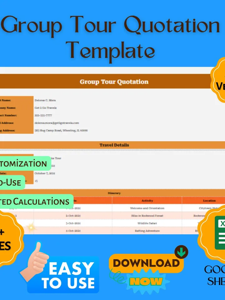Group Tour Quotation Template, Google Sheets Travel Quote Calculator, Digital Download,Easy-to-Use Cost Estimator for Travel Agents