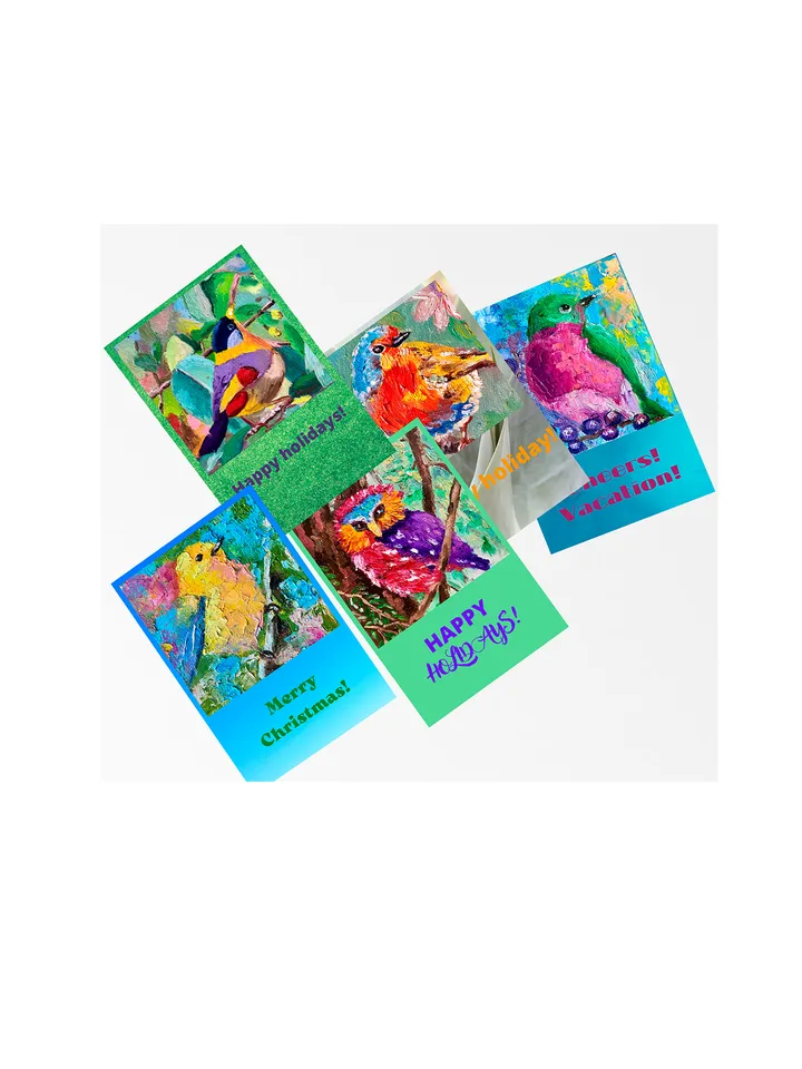 Set of greeting cards, Merry Christmas card, Digital download original art, Owl Goldfinch Robin, 5 cards, Holiday card