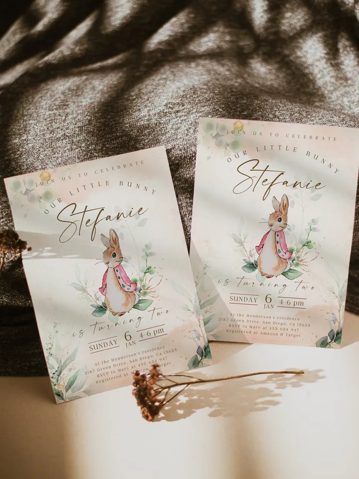 Peter Rabbit First Birthday Invite; Bunny Baby Birthday Invitation template; Our little bunny turning one; Girl bunny birthday invitation