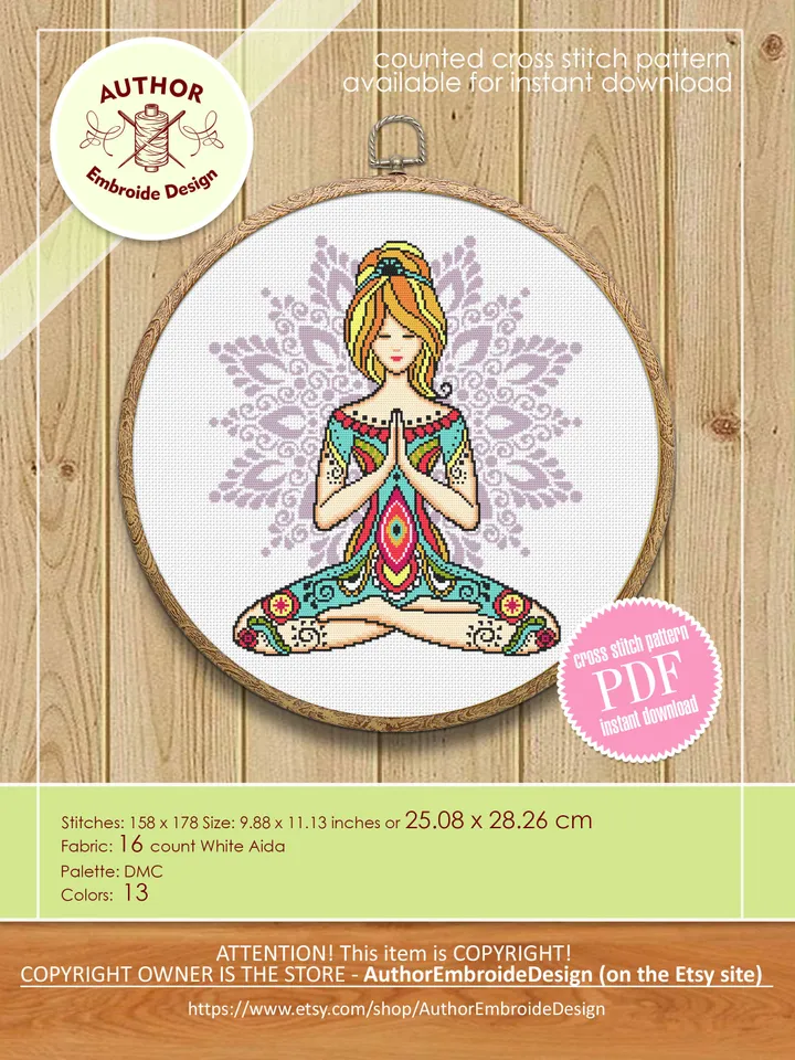 Yoga girl with mandala cross stitch pattern download PDF Yoga cross stitch chart, Chakra meditation cross stitch, Yoga art, Home decor #M187