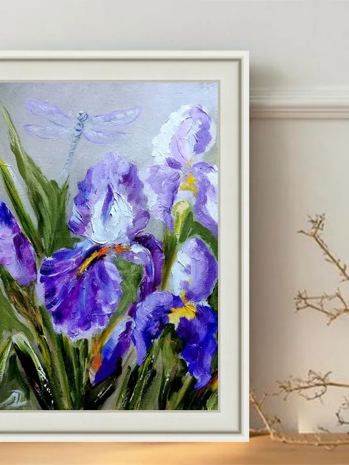 Irises Dragonfly Painting Original Art Impasto Oil Painting Canvas Painting