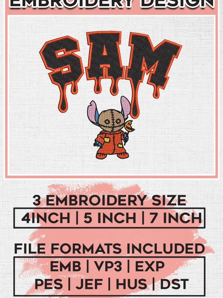 Stitch x Sam Trick R Treat Drop Name Embroidery designs, Horror Character Machine embroidery designs, Horror Halloween embroidery files, Machine Embroidery Digitized Pes Files, Digital Download
