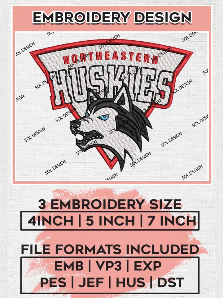 Northeastern Huskies Logo Machine Embroidery Design, NCAA Huskies Embroidery Designs, NCAA Team Embroidery Designs, NCAA Machine Embroidery Designs, Digital Download