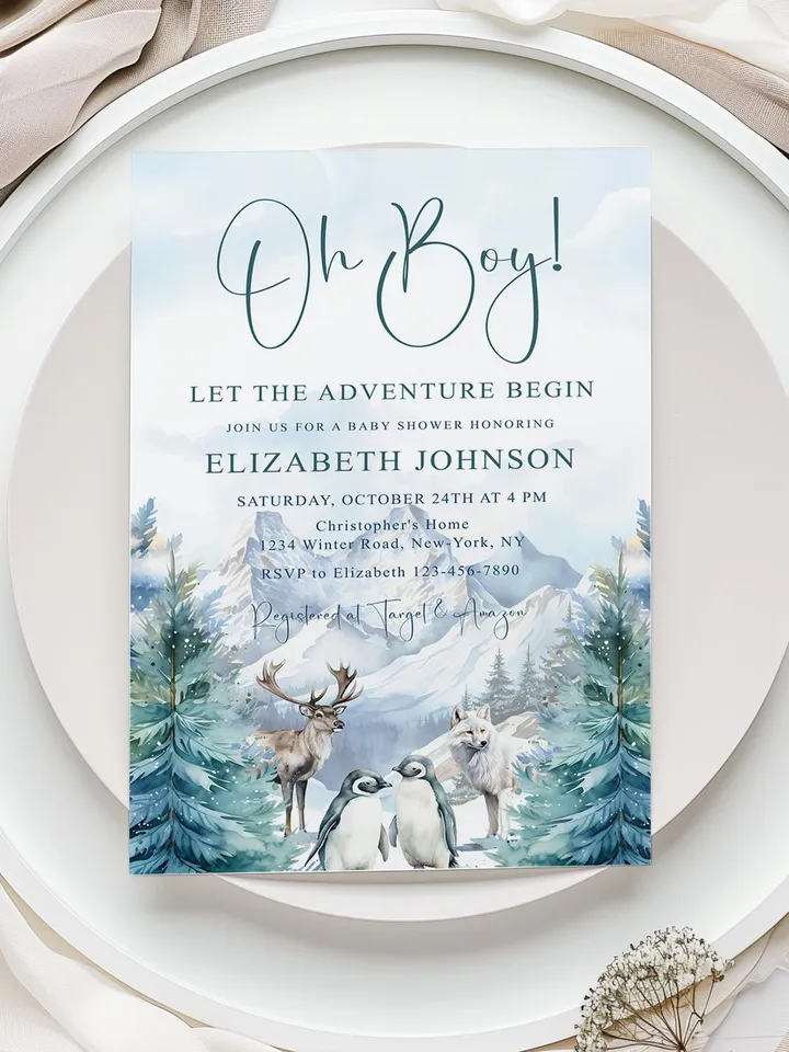 Editable Let the Adventure Begin, Woodland Baby Shower Invitation , Boy Adventure Baby Shower Invite, Forest Baby Shower - i125
