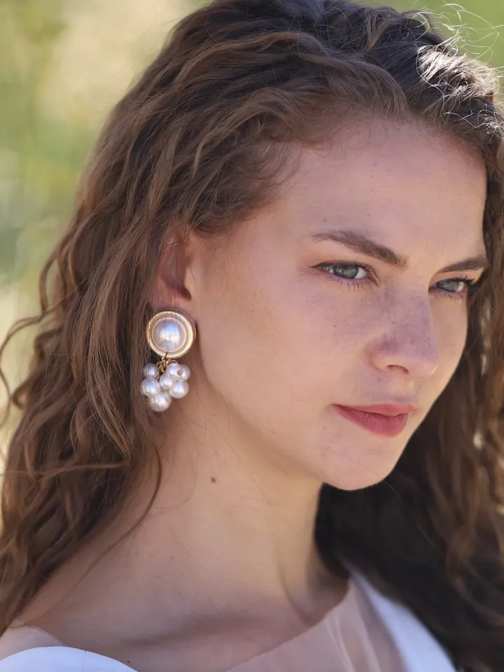 Boho Wedding Earrings, Pearl Chandelier Bridal Earrings, Bohemian Statement Wedding Jewelry, Vintage Style Statement Gold Bridal Earrings,