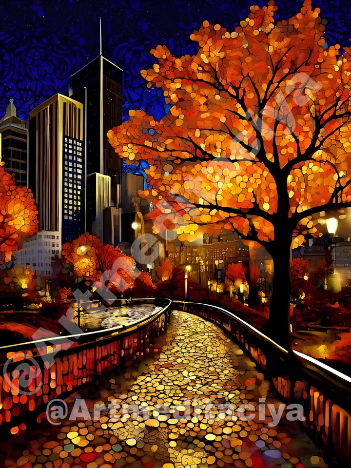 Modern digital painting "Autumn New York" is an abstraction of the night city in a bronze-gold shade with gray-blue, yellow-orange black inclusions in the Zenart style, pointillism, interior painting