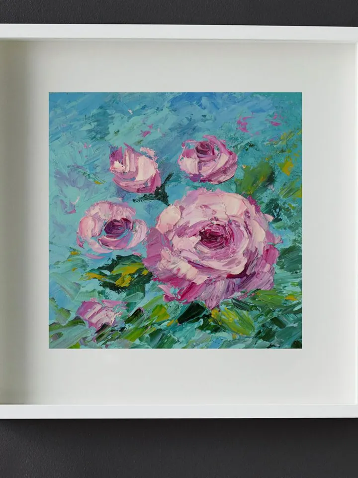 Roses oil painting Small artwork Original Art 6 by 6 inch Pink Flowers art by Juliya JC