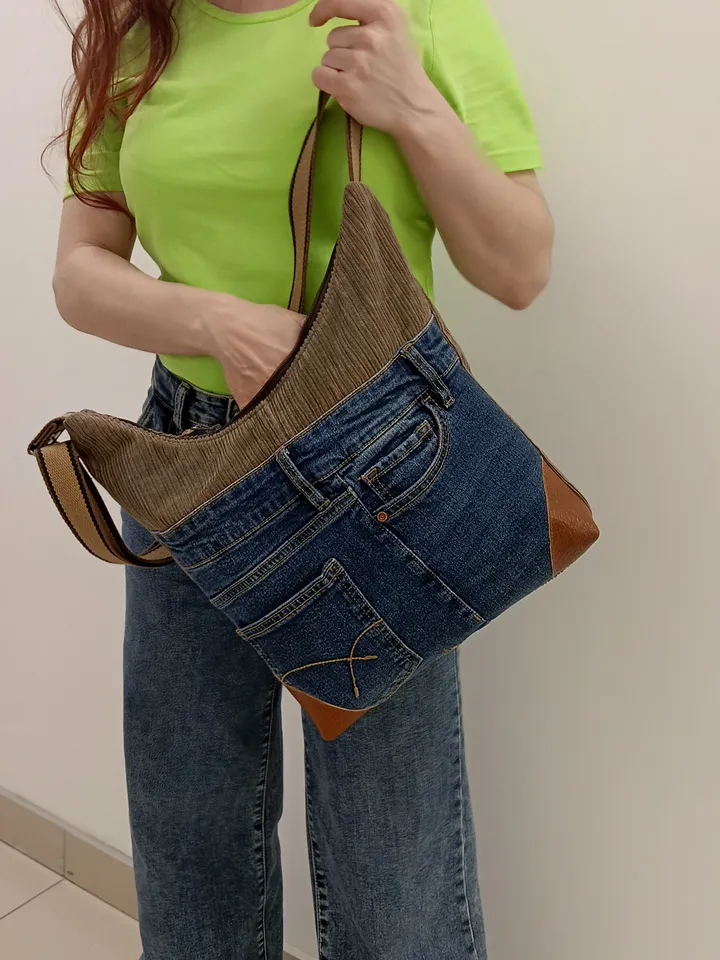 Hobo denim shoulder bag, corduroy crossbody bag, recycled denim handmade bag