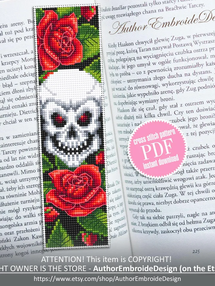 Gothic bookmark cross stitch pattern PDF download Skull and roses cross stitch chart, Bookmark pattern digital PDF, Red flowers #B372