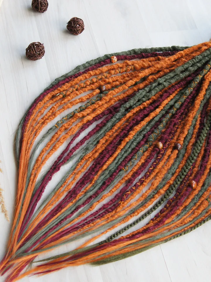 Bohemian Ginger Dreadlocks Earthy Red Green Faux Locs with Bead Thread Details Single or Double Ended Handmade Boho Hair Extensions