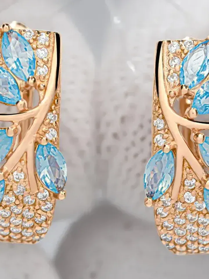 Twig-shaped earrings, 925 silver (585 gold coating), with blue agate and white cubic zirconia