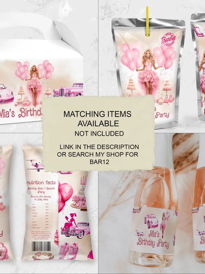 chips label editable template hot pink doll birthday party template bar12