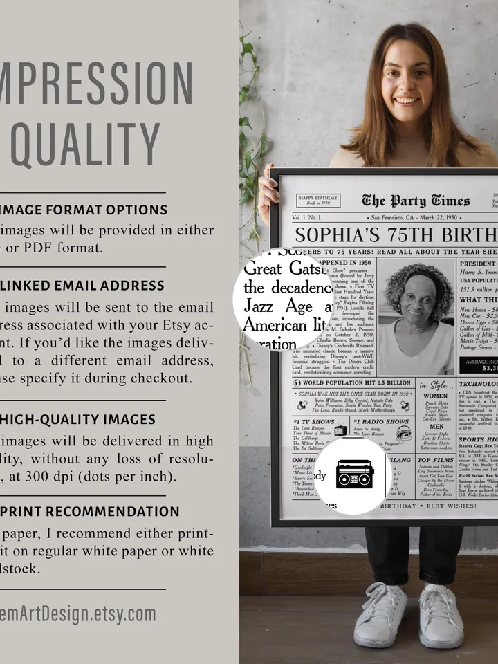 75th Birthday Gift for Women or Men, Personalized 75th Birthday Newspaper Poster, 75th Birthday Gift for Mon or Dad, Back in 1950