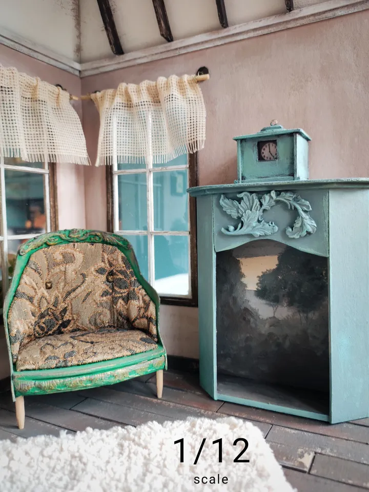 Miniature Fireplace with Small Painting and Backlight 1/6, 1/12 sea wave color