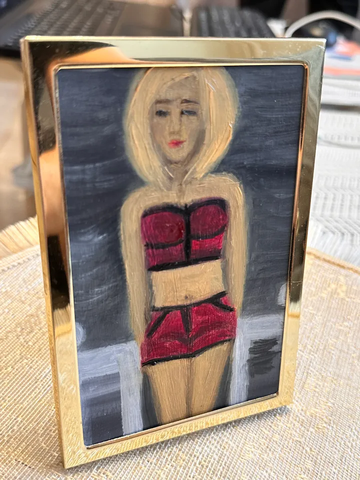 Oil Painting Portrait of a Woman in a Crimson suit Figurative Miniature Cardboard 6x4 inches 15 cm x10 cm In a gold frame Feminist Art Modern Art Impressionism Wall Decor