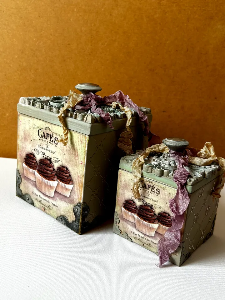 Decoupage boxes in vintage style with cupcakes - Unique Home Decor, Vintage-Inspired Decoupage Decorated Storage Box - Shabby Chic Organizer