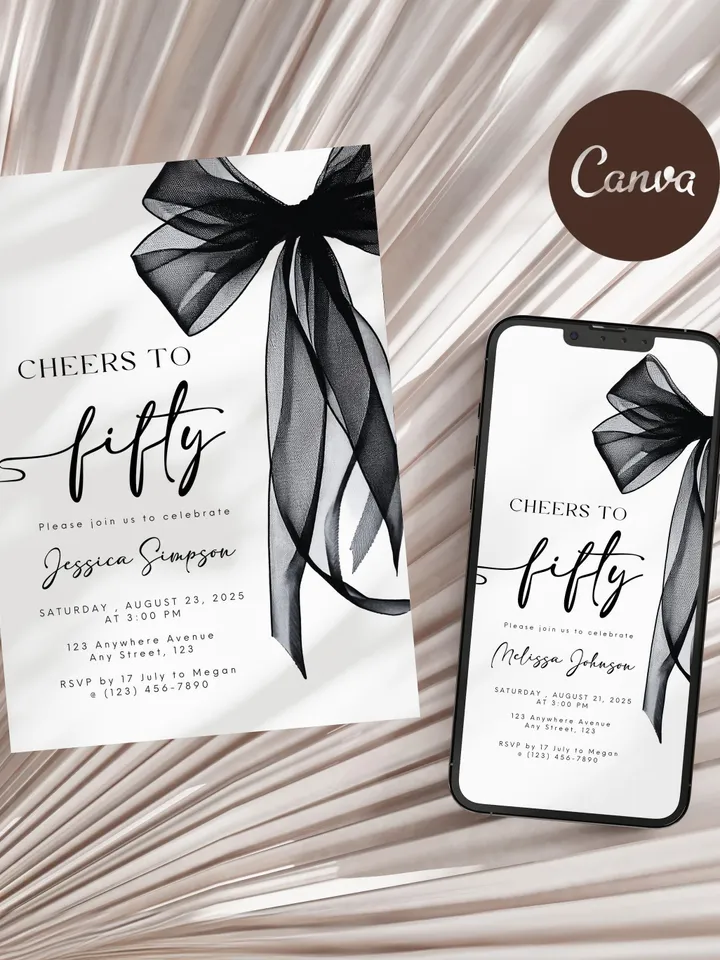Coquette Black Bow 60th Invitation, Editable Sixtieth Birthday Party Invite, DIY Digital Black Ribbon, Cheers to Sixty Invite