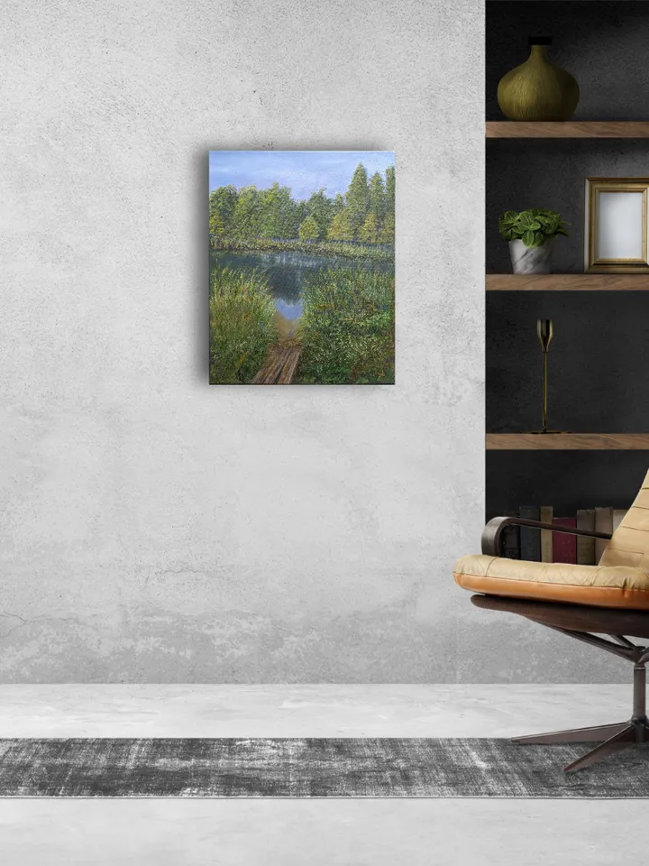 Summer landscape with a river and a wooden bridge, tall grass and trees, original painting 16x12 inches