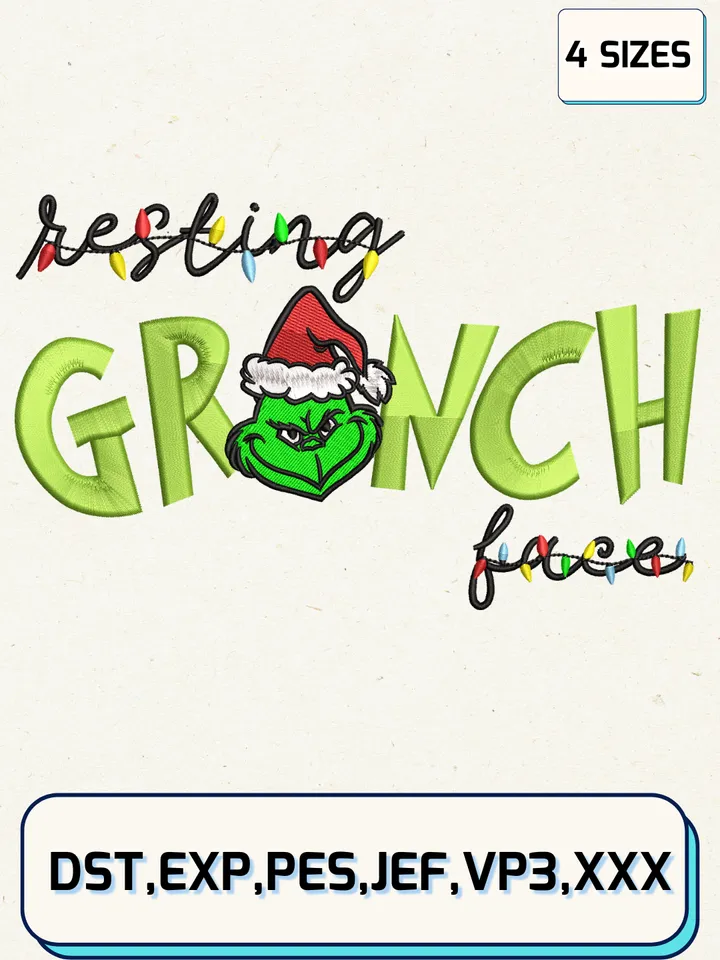 Grinch Resting Face Embroidery Design Files,Christmas Embroidery Designs,Machine Embroidery Files,4 Sizes
