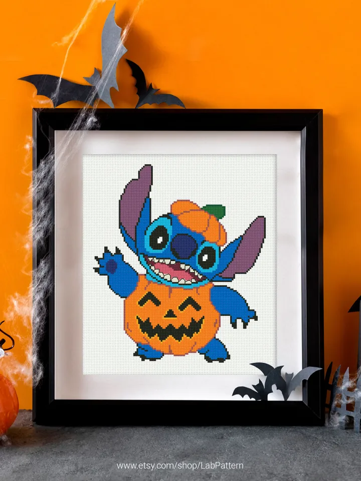 Lilo and Stitch,Pumpkin cross stitch pattern Halloween  Hawaii nursery decor beginner counted modern chart gift DIY embroidery instant PDF