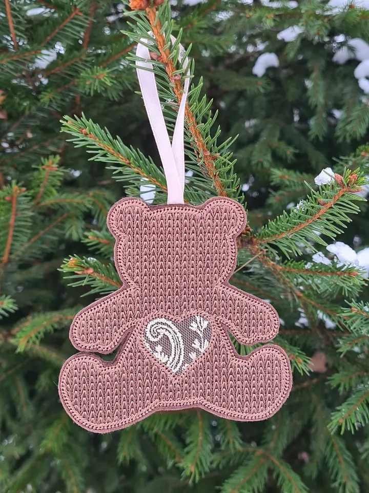 New Year's set of designs of six Christmas tree decorations and a gift box.