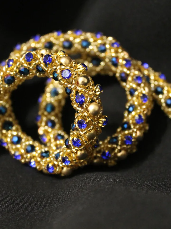Beads necklace gold hematite and cornflower blue rhinestones