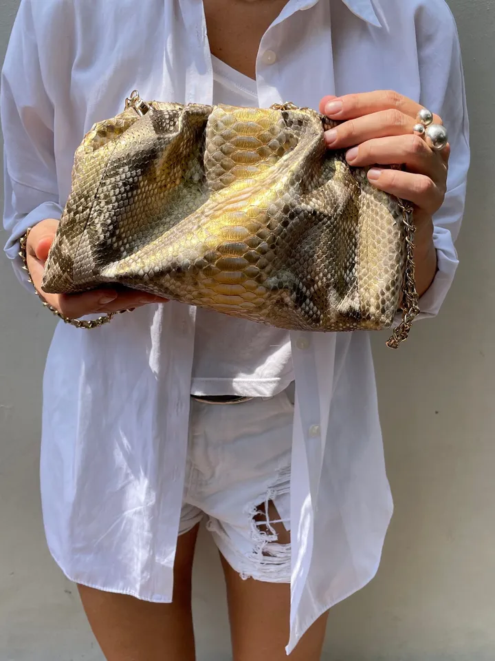 Genuine python skin gold pouch bag | exotic leather bags | small size soft clutch | snake designer bag | gift for her | classy purse