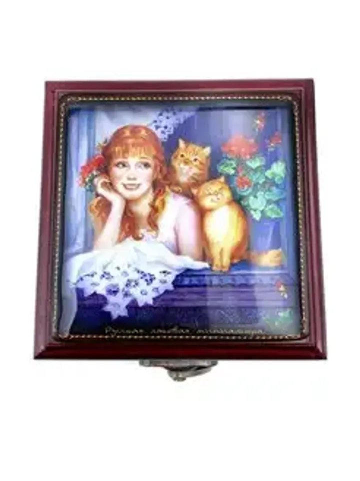 Wooden box "Girl and cats"