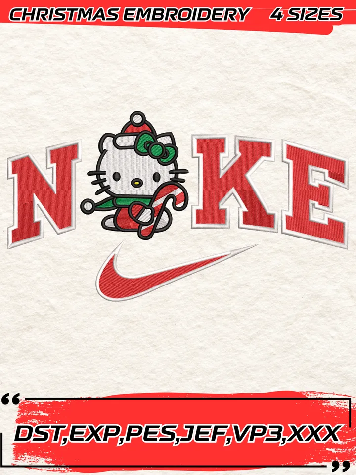 Swoosh Hello Kitty Candy Christmas Embroidery Design,Christmas Embroidery Design,4 Sizes,Digital Download
