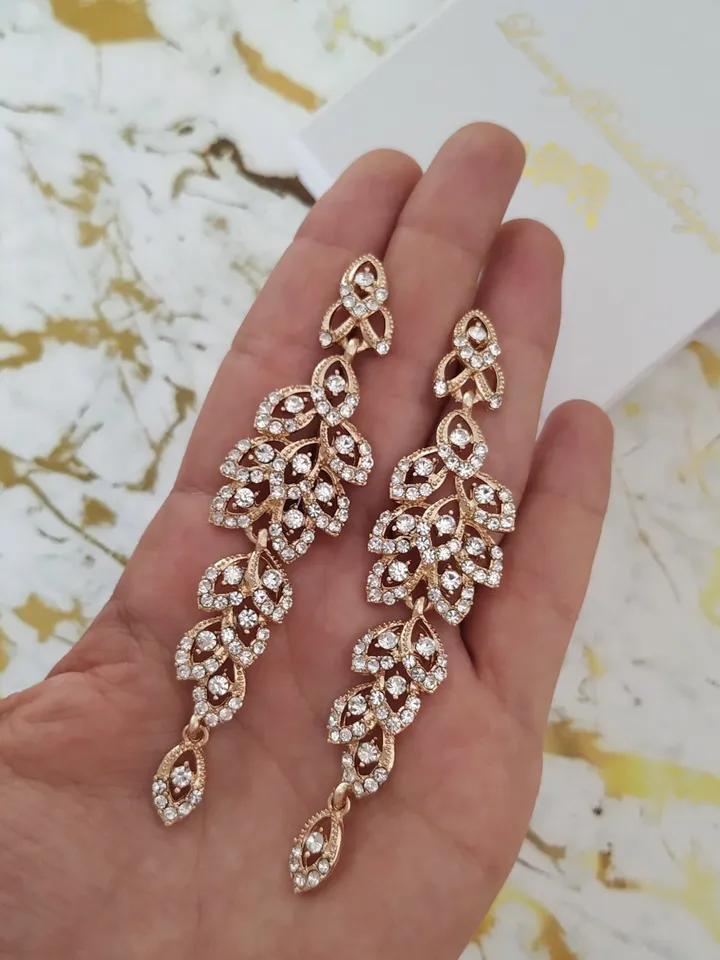Boho Wedding Earrings, Leaf Earrings For Bride, Long Bridal Earrings, Swarovski Jewelry, Statement Earrings, Chandelier Earrings,Jewellery