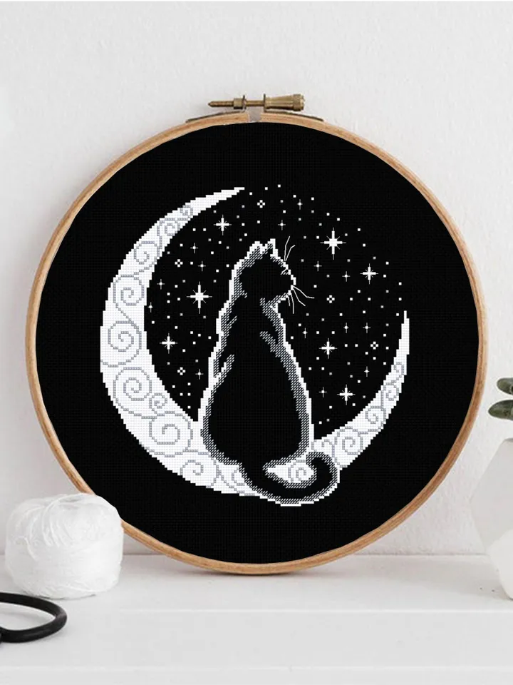 Cat moon cross stitch pattern PDF download Silhouette cat cross stitch chart, Crescent moon pattern digital PDF, Cat lover gift #K52