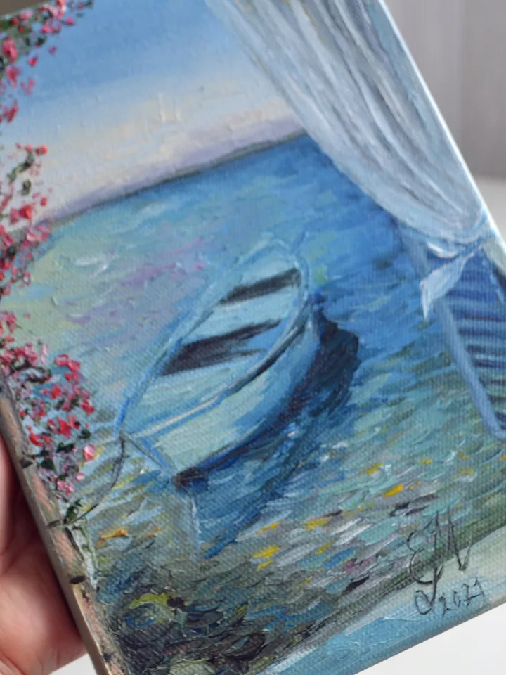 Boat Oil Painting Seascape Painting Original Painting Boats Art Beach Landscape Paintinting Sea in Window Art Oil Painting 7 by 9.5